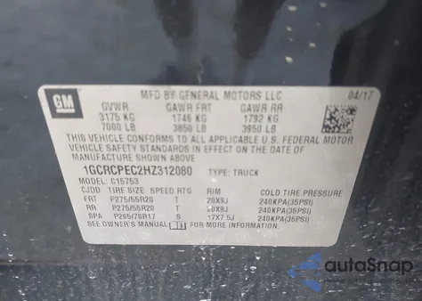 2017 Chevrolet Silverado 1500 Custom from USA, damaged, VIN 1GCRCPEC2HZ312080